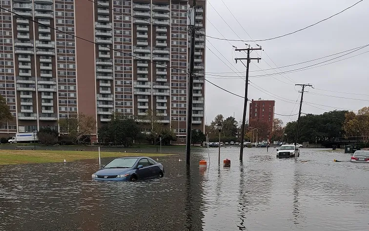 Deep flooding in the Ghent neighborhood of Norfolk, Virginia, with cars submerged