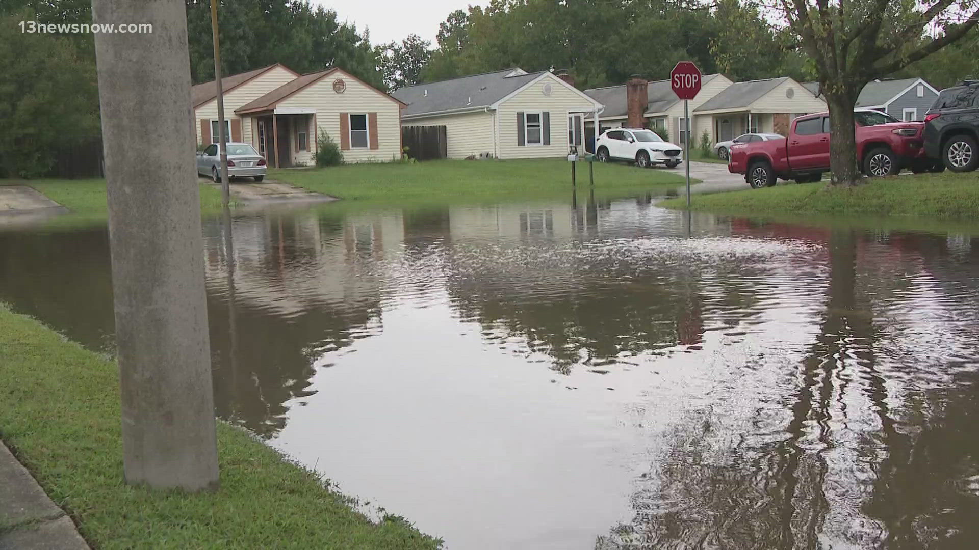 Residential street flooding in a Hampton Roads neighborhood after a storm