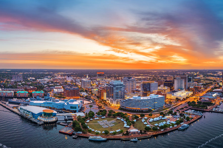 Aerial view of Norfolk, Virginia at sunset