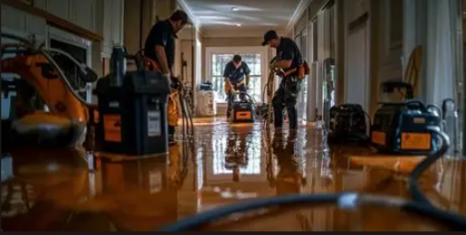 Restoration technicians extracting water and setting up drying equipment inside a flooded home